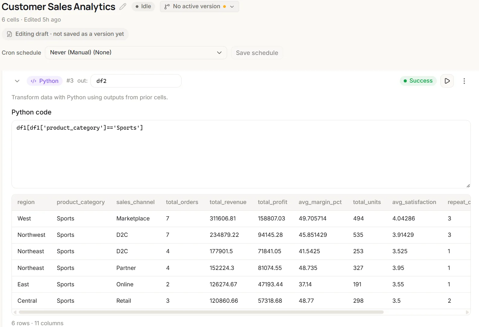 InfiniStack Workflow Studio &mdash; a Python cell transforming an earlier SQL cell's dataframe, with the result table and cell variables